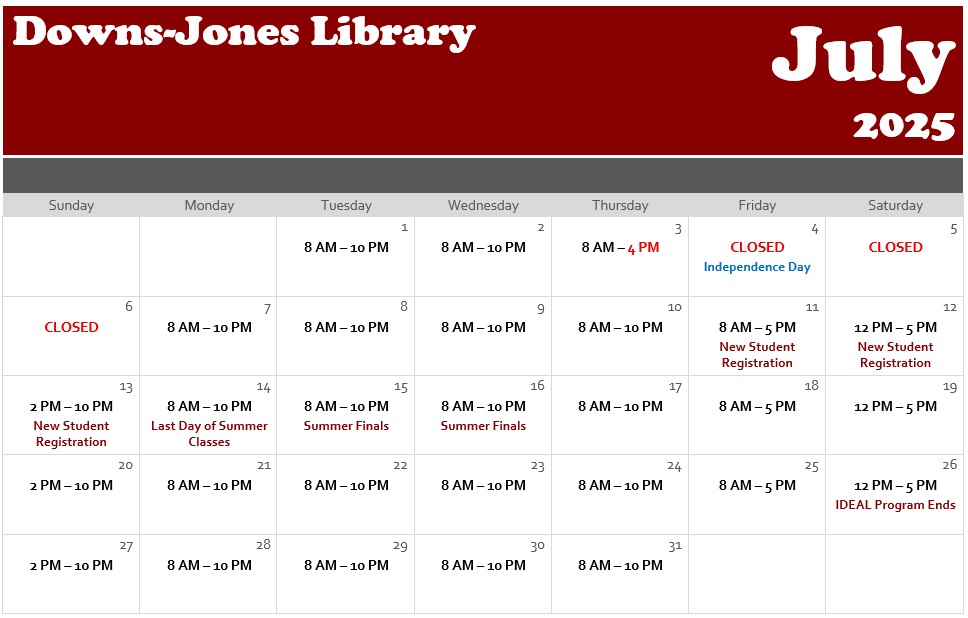 Calendar of July 2025 with library open hours listed. The library is closed on July 4, 5, and 6 for Independence Day, and closes at 4 PM on July 3.