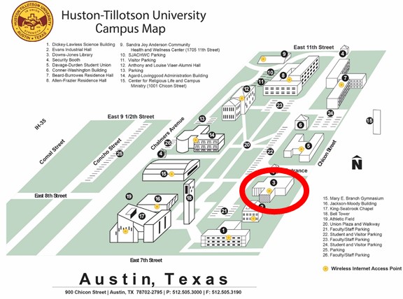 Non-interactive campus map with the library, located in the lower right or southeast corner, circled in red.