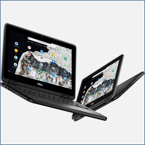 Two grey 2-in-1 Chromebook laptops, one open in laptop configuration and one open in tablet configuration, available to faculty and staff.