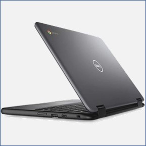 A dark grey Chromebook laptop, half open, available to students.