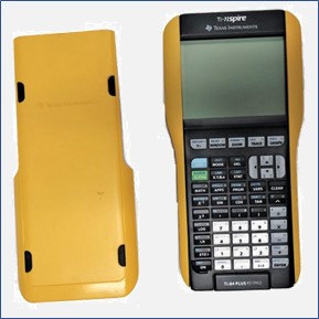 Yellow graphing calculator available for checkout at the circulation desk.