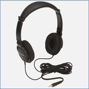 A pair of black headphones with wires trailing, available to students, faculty, and staff at the circulation desk for library use only.