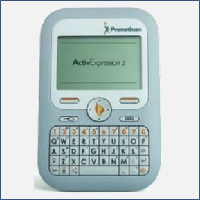 A grey handheld device with QWERTY keyboard and Promethean flame logo, available to faculty.