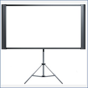 An open and set-up projector screen, with nothing displayed on the white canvas, standing on a tripod. This item is available to students, faculty, and staff.
