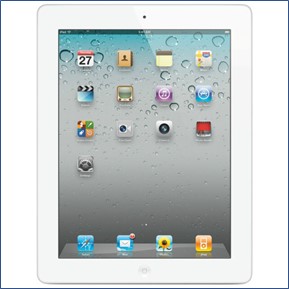 A white iPad 2, active on the home screen, available to students, faculty, and staff.