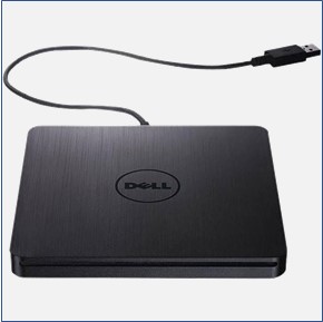 Black portable DVD drive with connecting cord, available to faculty, staff, and students.