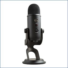 Photo of a freestanding Blue Yeti professional USB microphone.