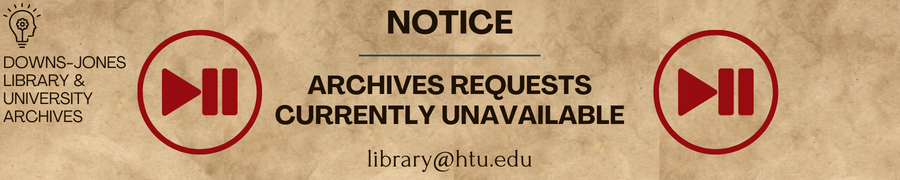 Paper-textured banner with red "pause" icons states that archives requests are currently paused. The contact for email is library@htu.edu