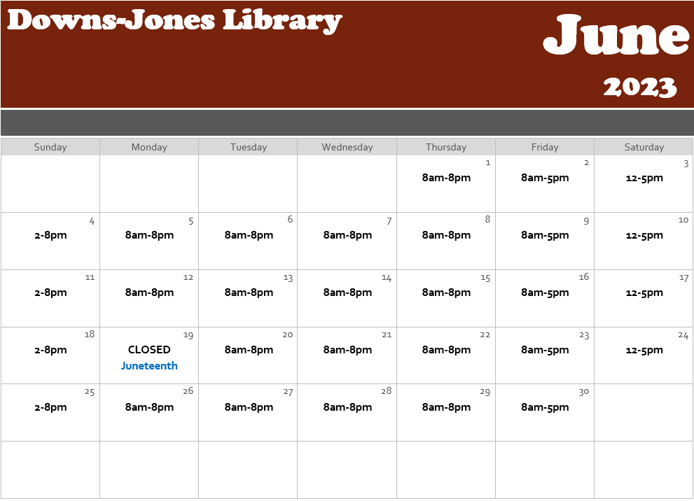 Calendar of June 2023 with library open hours listed.