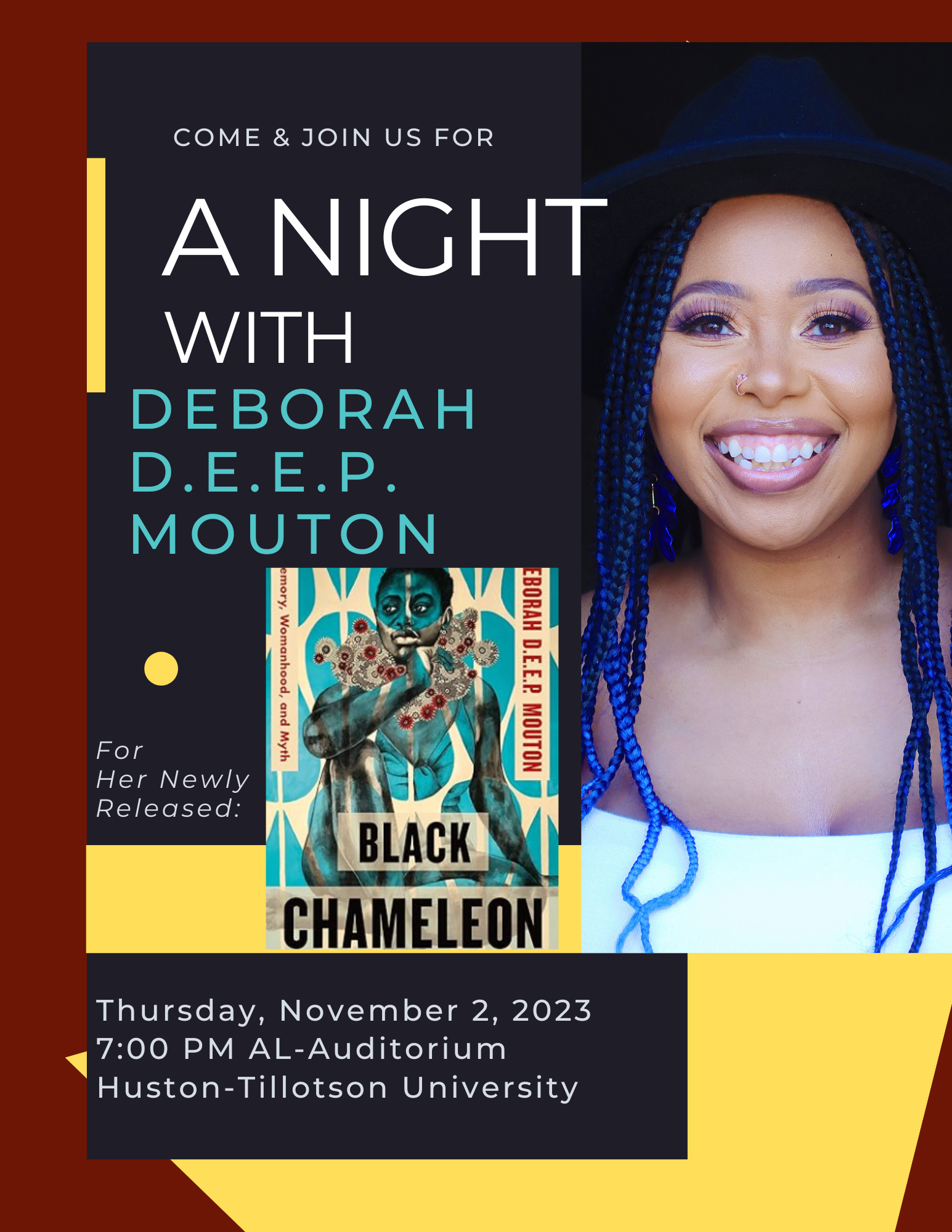 Poster promotes "A Night with Deborah D.E.E.P. Mouton discussing the book Black Chameleon on November 2, 2023