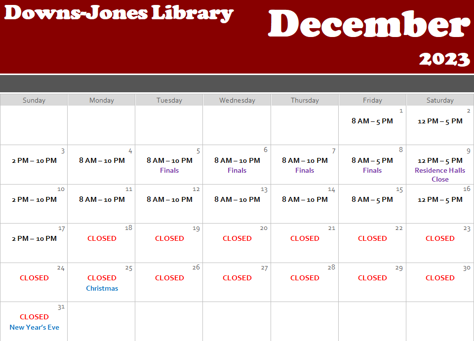 Calendar of December 2023 with library open hours listed. The library is closed for Winter Break after Sunday, December 17th, reopening in January 2024.