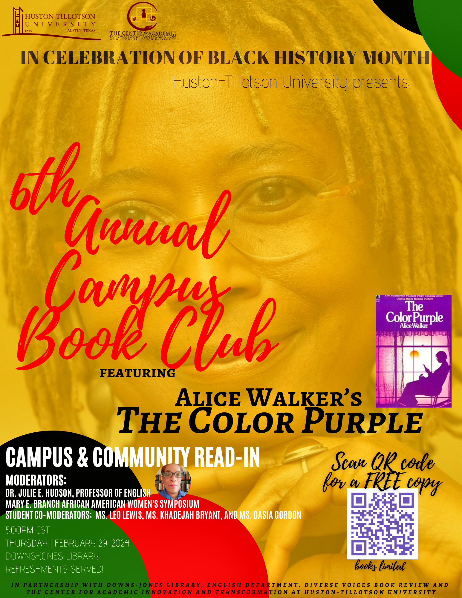 Yellow poster with red, black, and green accents promotes the 6th Annual Campus Book Club's reading of "The Color Purple" by Alice Walker