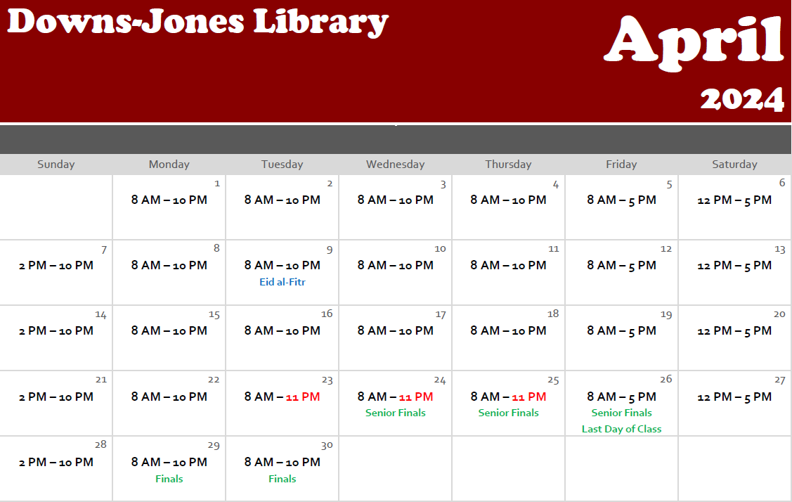 Calendar of April 2024 with library open hours listed. There are no scheduled closure days. The library is open until 11 PM on April 23, 24, and 25.