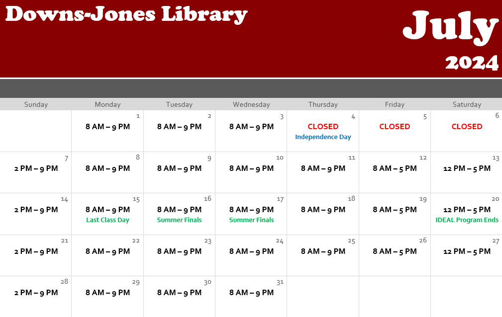 Calendar of June 2024 with library open hours listed. The library is closed on July 4th, 5th, and 6th.