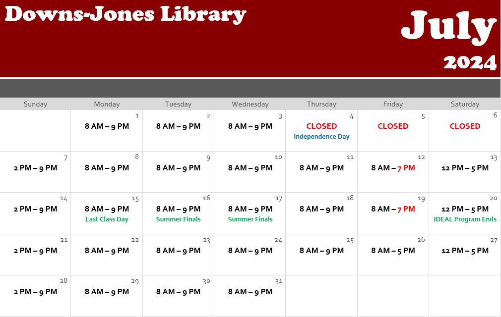 Calendar of June 2024 with library open hours listed. The library is closed on July 4th, 5th, and 6th. The library is open until 7 PM on July 12th and 19th.