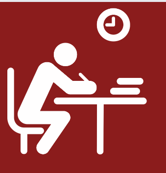 Stylized icon with a maroon background depicts a person sitting at a table with books, working. A clock at 9:00 is in the background.