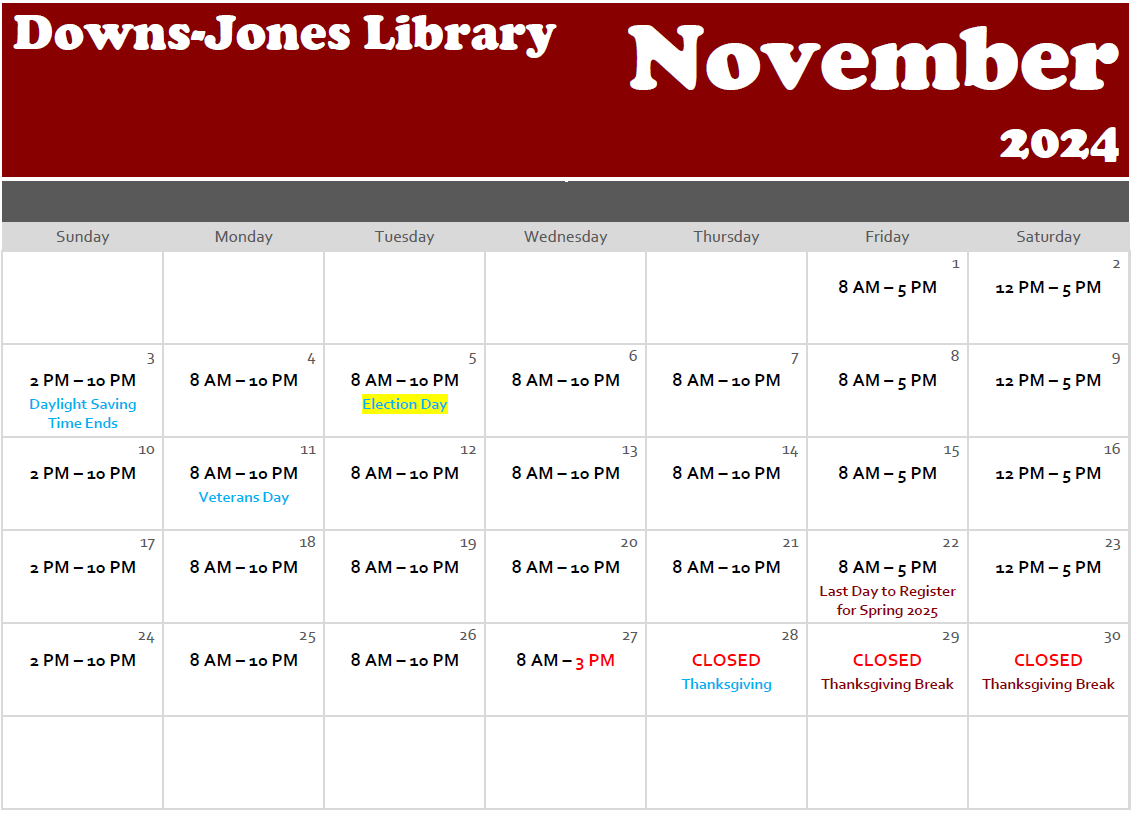 Calendar of November 2024 with library open hours listed. The library is open every day in November except November 28, 29, and 30 for Thanksgiving Break. The library closes early at 3 PM on Wednesday, November 27.